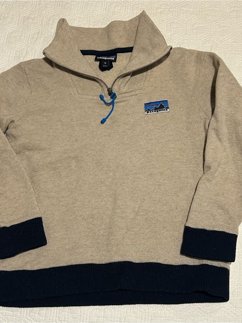 Patagonia Woolie Fleece Half-Zip Pullover Sweater - Khaki with Navy Trim Size XS